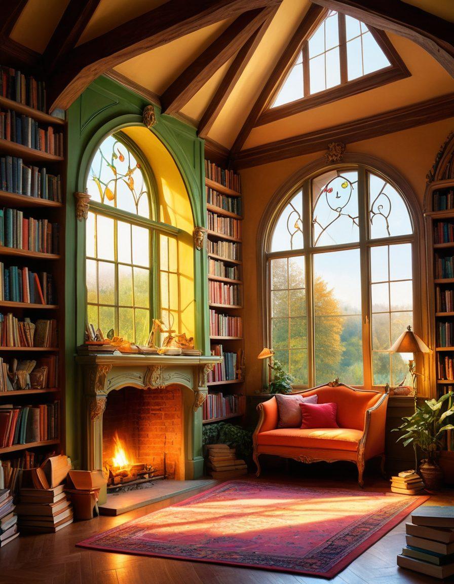 A whimsical scene depicting a colorful library filled with enchanting books, where children of diverse backgrounds sit mesmerized by storytelling. Vivid imagery of characters coming to life from the pages, like fairies and dragons, swirling around in a dreamy atmosphere. Soft, glowing light filters through a large window, creating an inviting and magical space for imagination to flourish. Children's laughter and wonder captured in their expressions as they embark on imaginative adventures. vibrant colors. fairy tale style. soft focus.