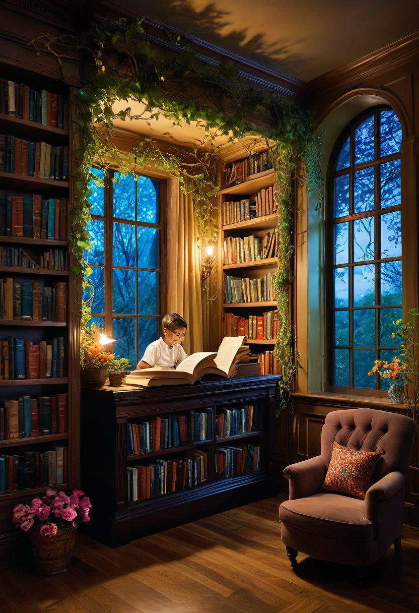 A whimsical scene depicting a magical library filled with enchanted books, where colorful stories come to life around curious children. Each child is immersed in a unique story, surrounded by floating words and characters emerging from the pages. The atmosphere is vibrant, with ethereal glowing lights and a cozy, inviting ambiance. Include elements of nature spilling through window frames, symbolizing the connection between storytelling and the imagination. surrealistic. vibrant colors. enchanting details.