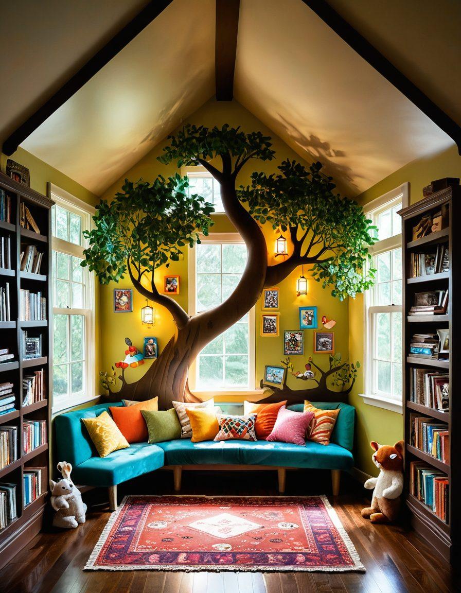 A cozy reading nook with a whimsical treehouse filled with colorful books, children engaged in imaginative play with puppets and storyboards, vibrant illustrations of fantasy characters around, soft sunlight streaming in through the windows. vibrant colors. super-realistic.